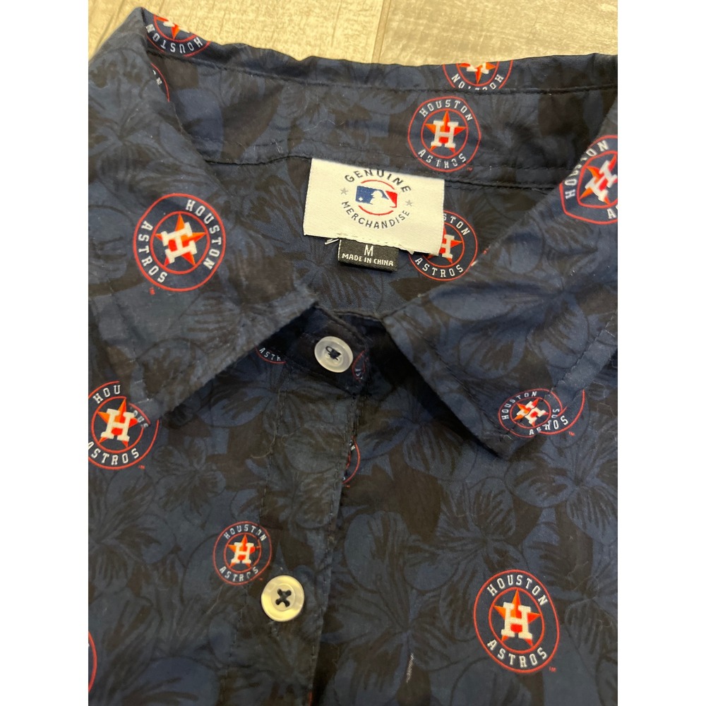 MLB Houston Astros Womens Navy Blue Floral Tropical Button Down Shirt Medium